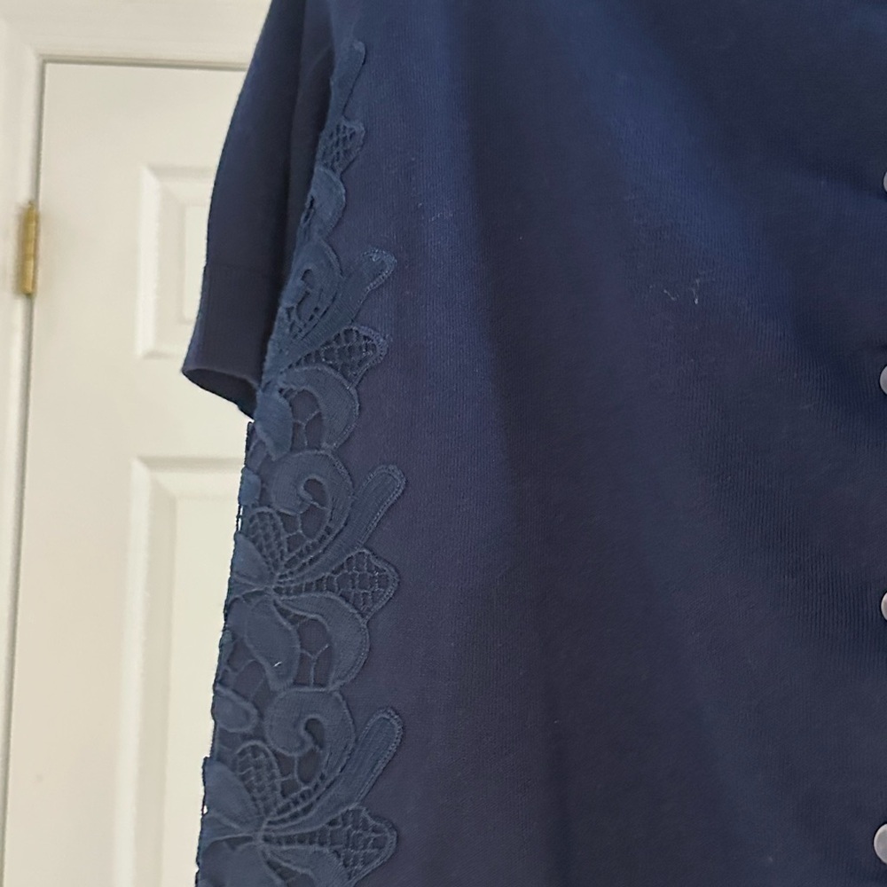 Talbots Cardigan Top Lace Trim Short Sleeve Button Down Navy Blue Size L - Picture 3 of 4